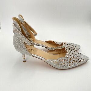 IDIFU Candice‎ Wedding Rhinestone 11 Kitten Heels Pump Ankle Strap Shoes Silver